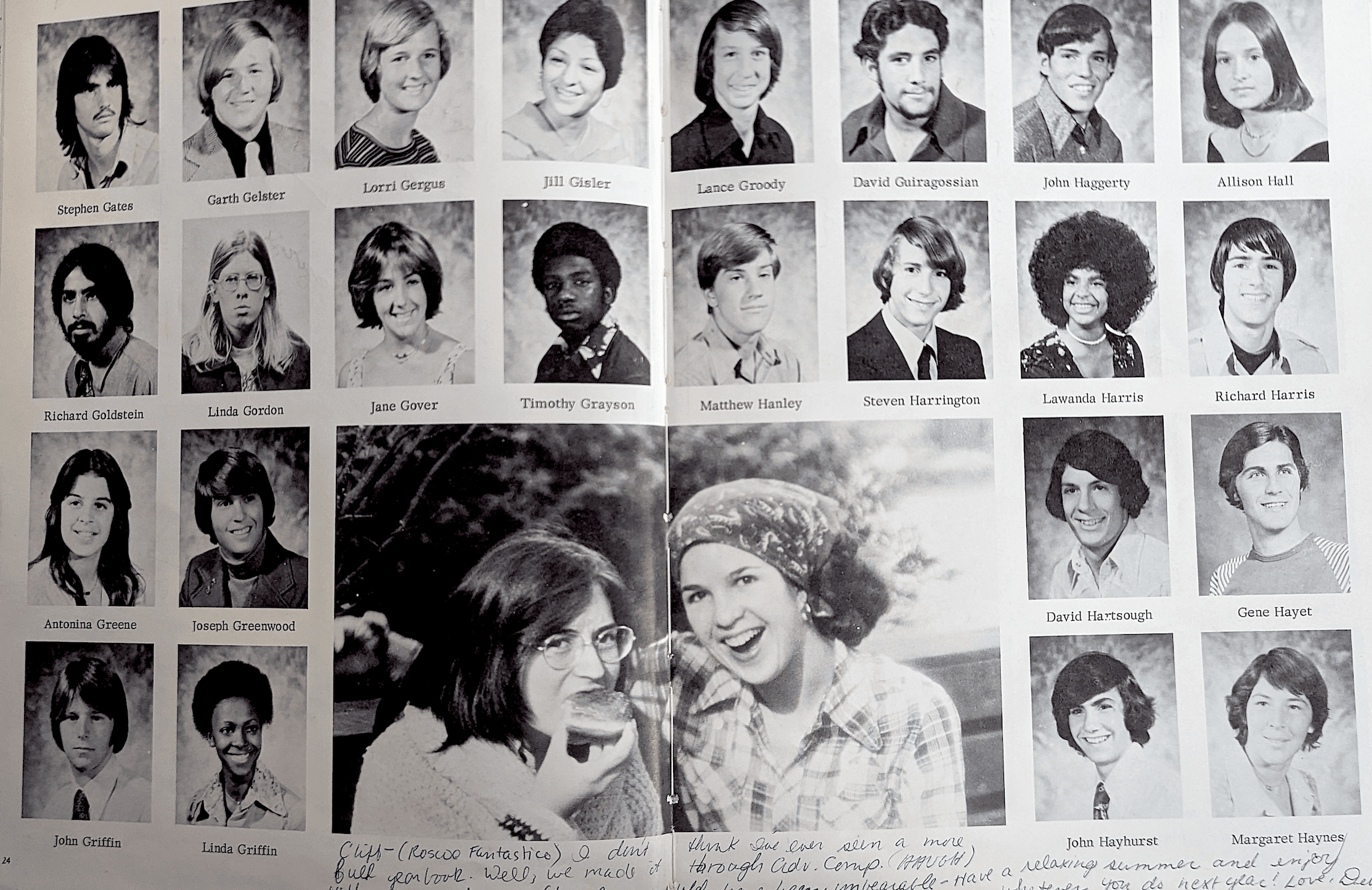 Black and white yearbook page with rows of student portraits and a candid photo.